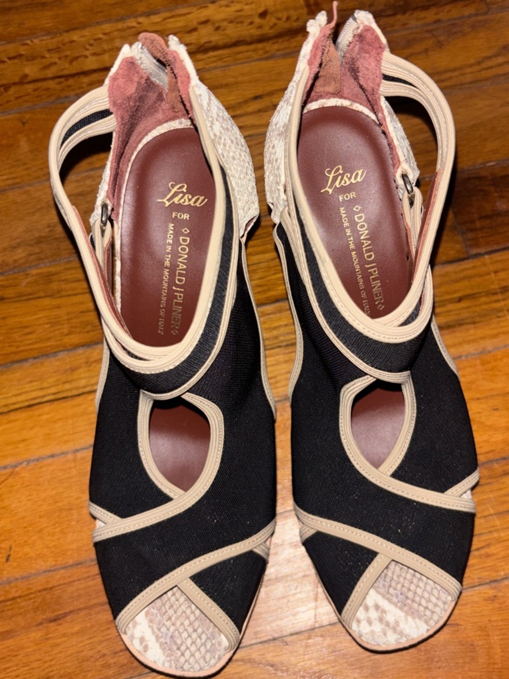 Donald J. Pliner Black and Beige Peep-Toe Wedge Sandals